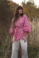 Koszula kimono w kratkę vichy z baloniastymi rękawami czerwona