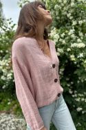 Lniany sweter kardigan z organicznymi guzikami pudrowy róż